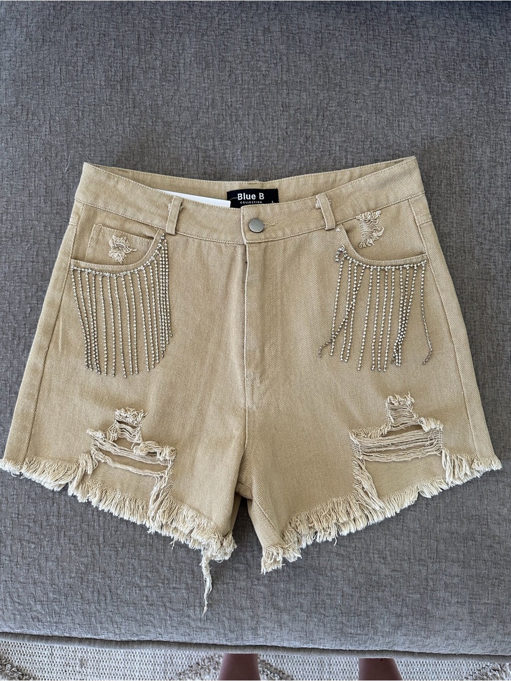 Women's Tan Distressed Denim Shorts with Rhinestone Fringe